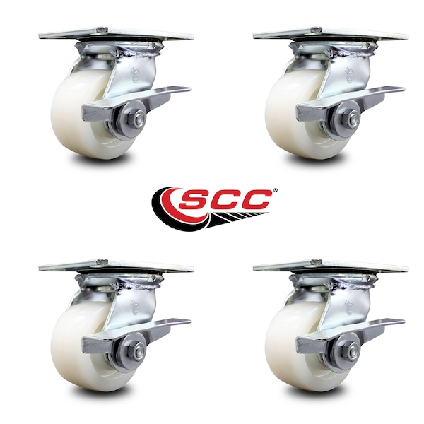 4 Inch Heavy Duty Nylon Caster Set with Ball Bearings and Brakes